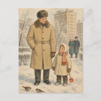 Carte Postale Promenade hivernale familiale vintage de milieu de