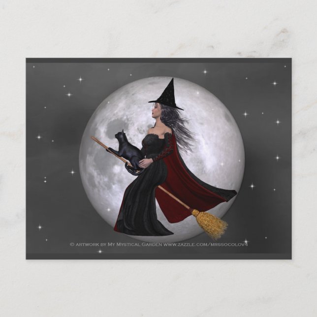 Carte Postale Promenade nocturne : Sorcière et son chat équitati (Devant)