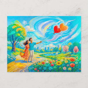 Carte Postale Promenade venteuse de la Saint-Valentin – Couple a