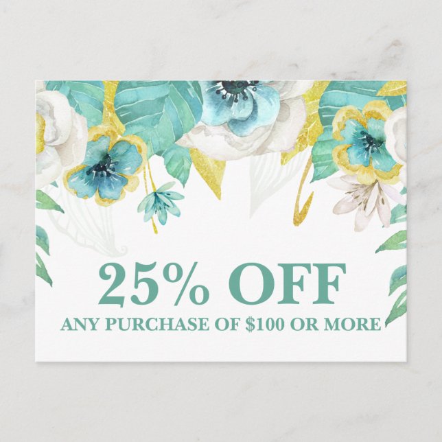 Carte Postale Promotions turquoises de marketing floral peint Ve (Devant)