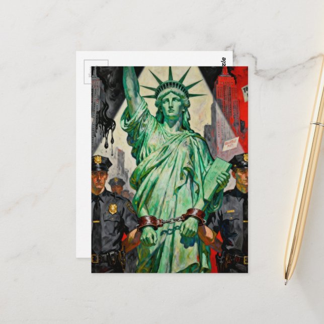 Carte Postale protesting lady liberty arrested by police surreal (Devant/Arrière en situation)