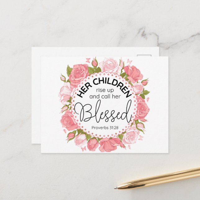 Carte Postale Proverbes 31:28 Ecriture de la Fête des Mères Fleu (Devant/Arrière en situation)