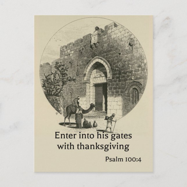 Carte Postale Psaume 100:4 sur fond des murs de Jérusalem (Devant)