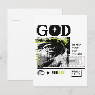 Carte Postale Psaume 121:2 Neon Lime Œil de Dieu CRT Glitch Art