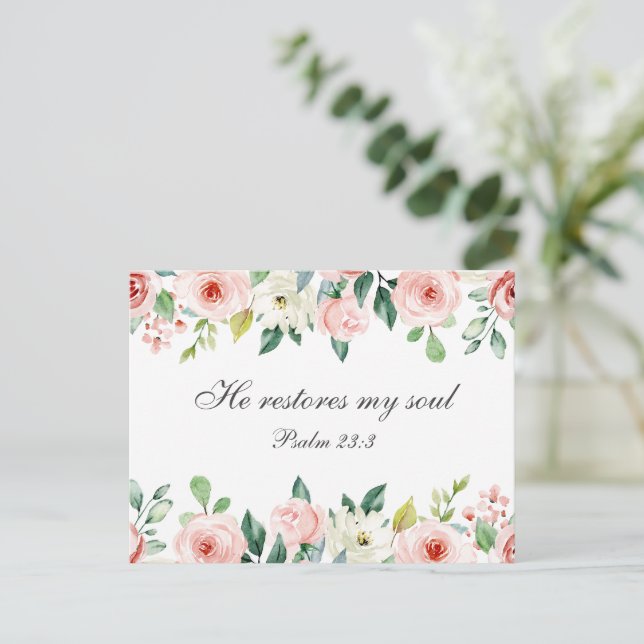 Carte Postale Psaume 23:3 Il rétablit mon âme Bible Verse & Rose (Debout devant)