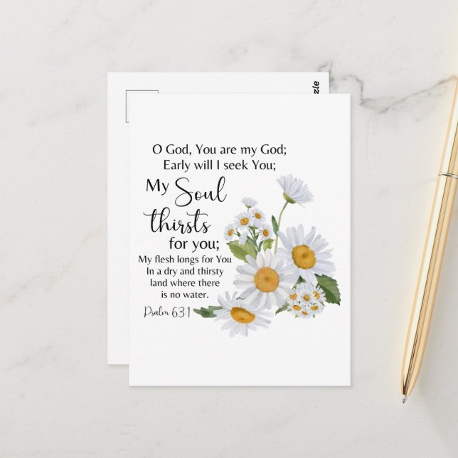 Carte Postale Psaume 63:1 Écriture Bible Chamomile Fleurs (Devant/Arrière en situation)