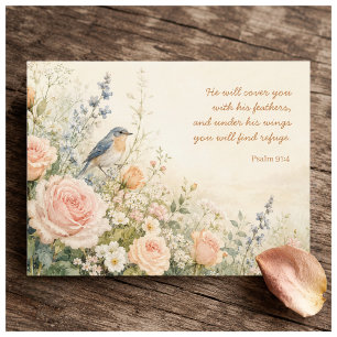 Carte Postale Psaume 91:4 Bluebird & Roses Écriture