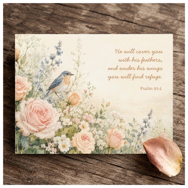 Carte Postale Psaume 91:4 Bluebird & Roses Écriture (Créateur téléchargé)