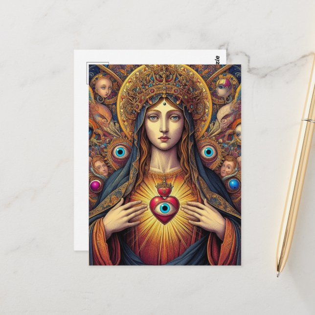 Carte Postale psychedelic Protection From Evil Mary Colorful (Devant/Arrière en situation)