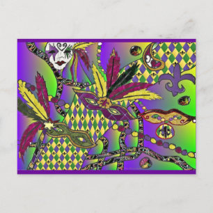 Carte Postale Psychédélique Mardi Gras Plumes Masques Cadeaux Vê