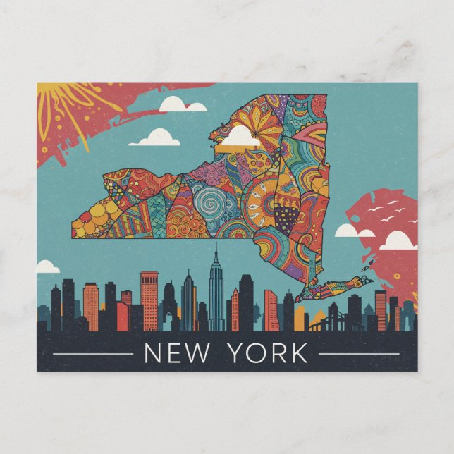 Carte Postale Psychédélique New York Map Art | Ville et État dyn (Devant)