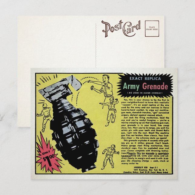 Carte postale publicitaire de grenade jouet vintag (Devant / Derrière)