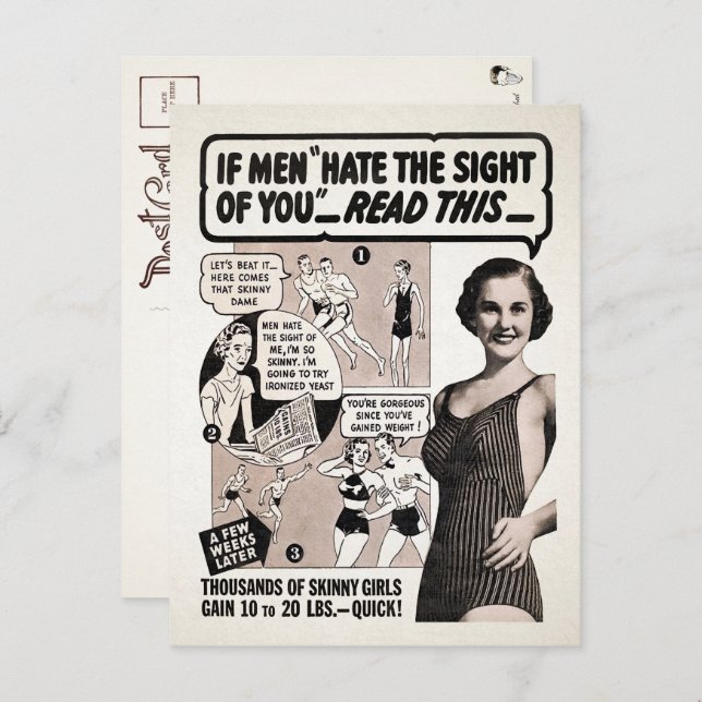 Carte postale publicitaire vintage de dame maigre (Devant / Derrière)