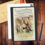 Carte Postale Publicité Vintage de la ferme Reed Carnrick<br><div class="desc">Belle publicité agricole de traite de vache par un fermier portant un casquette de paille alors qu'il tient un bébé dans ses bras. Le chaton se penche sur la jambe du fermier pour obtenir un écume de lait. "Lacto Preparata de Carnrick et Soluble Food de Carnrick" dans le texte courbe...</div>