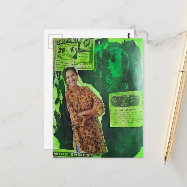 Carte Postale Publicités Rétro Une Dame Heureuse Collage de Médi (Devant/Arrière en situation)