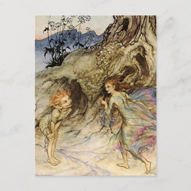 Carte Postale “Puck et une fée” Aquarelle d'Arthur Rackham (Devant)