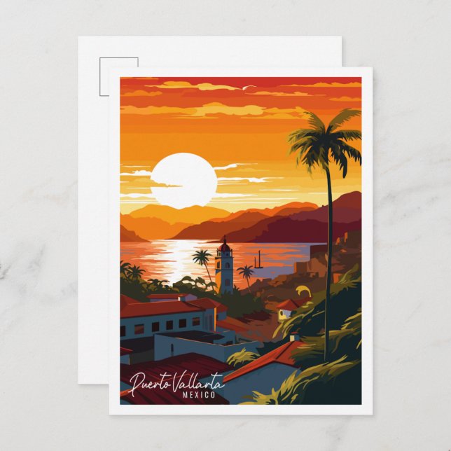 Carte Postale Puerto Vallarta Mexique illustration de voyage vin (Devant / Derrière)
