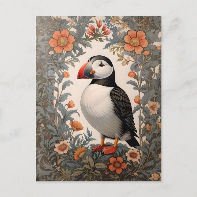 Carte Postale Puffin Atlantique William Morris Inspiré Floral (Devant)