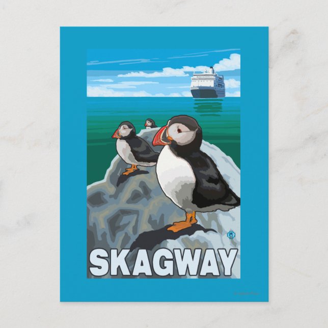 Carte Postale Puffins et bateau de croisière - Skagway, Alaska (Devant)