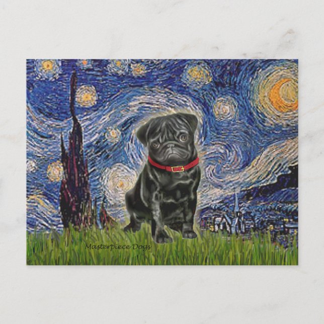 Carte Postale Pug 13 (noir) - Nuit étoilée (Devant)