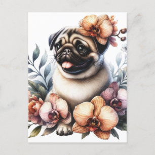 Carte Postale Pug avec branche d'orchidée, Postcrossing