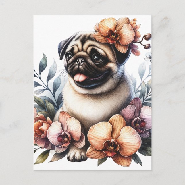 Carte Postale Pug avec branche d'orchidée, Postcrossing (Devant)