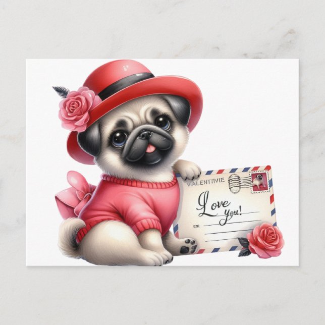 Carte Postale Pug Chapeau Rouge  (Devant)
