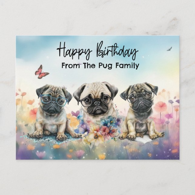 Carte Postale Pug dans l'aquarelle d'anniversaire des fleurs sau (Devant)