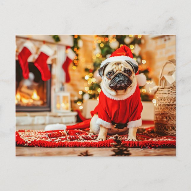 Carte Postale Pug Père Noël avec sapin de Noël (Devant)