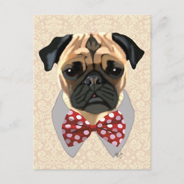 Carte Postale Pug with Red and White Spotty Bow Tie (Devant)