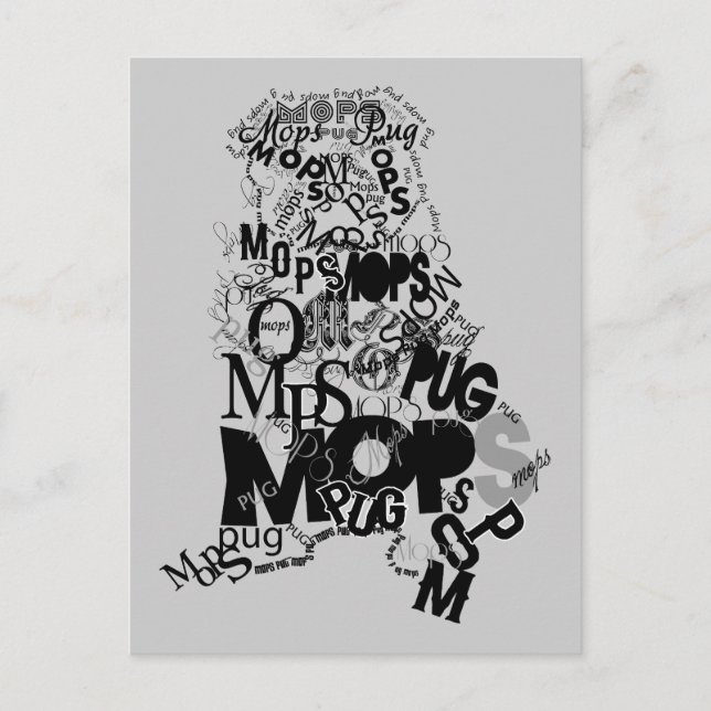 Carte Postale Pug wordart silhouette moderne rétro (Devant)