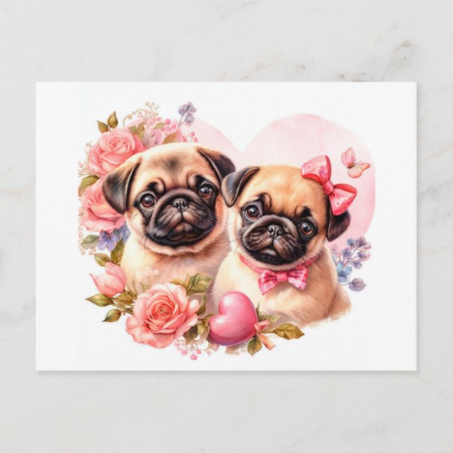 Carte Postale Pugs de la Saint-Valentin (Devant)
