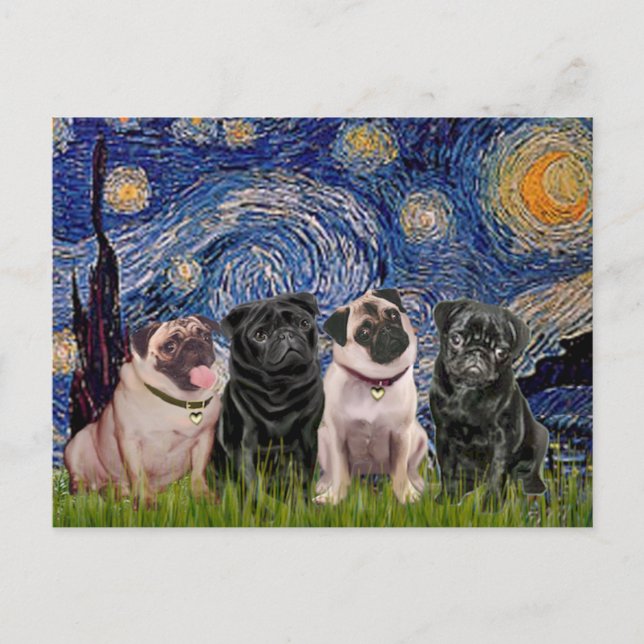 Carte Postale Pugs (Quatre,2M,2F) - Nuit étoilée (Devant)