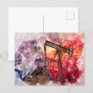 Carte Postale Pumpjack Texan icône aquarelle avec Texas Flag