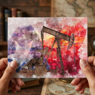 Carte Postale Pumpjack Texan icône aquarelle avec Texas Flag