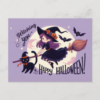 Carte Postale Punition de Halloween mignonne avec sorcière et ch