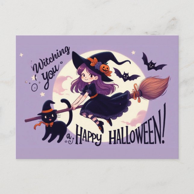 Carte Postale Punition de Halloween mignonne avec sorcière et ch (Devant)