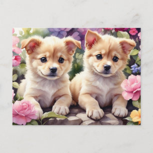Carte Postale Puppies cuter dans l'aquarelle du jardin fleuri