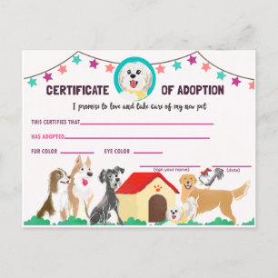 Carte Postale Puppy Adoption Certificate for a Pet Invitation Po