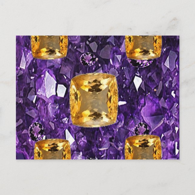 CARTE POSTALE PURPLE AMETHYST & GOLDEN TOPAZ GEM CRYSTALS (Devant)