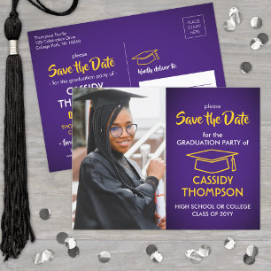 Carte Postale Purple and Gold Graduation Photo Enregistrer la da