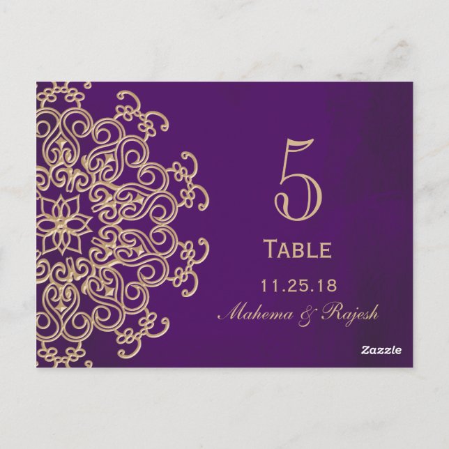 CARTE POSTALE PURPLE AND GOLD INDIAN MARIAGE TABLE NUMÉRO CARD (Dos)