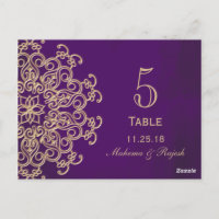 PURPLE AND GOLD INDIAN MARIAGE TABLE NUMÉRO CARD