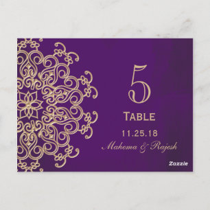 CARTE POSTALE PURPLE AND GOLD INDIAN MARIAGE TABLE NUMÉRO CARD