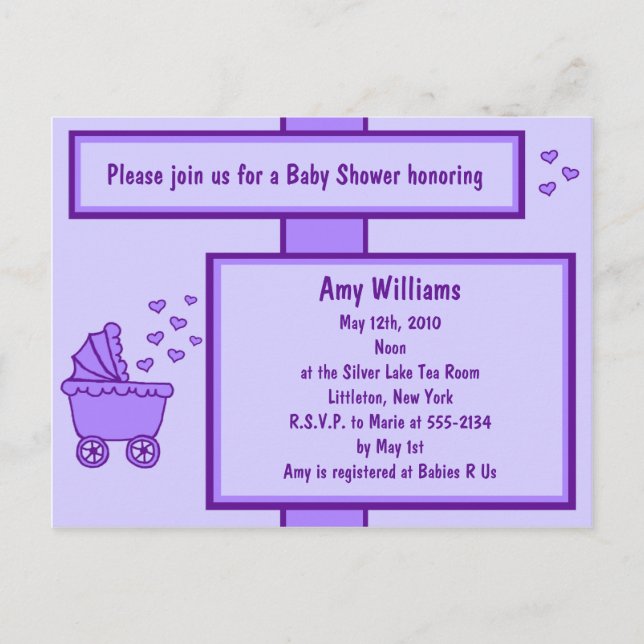 Carte Postale Purple Carriage & Coeurs Douche Invitation (Devant)