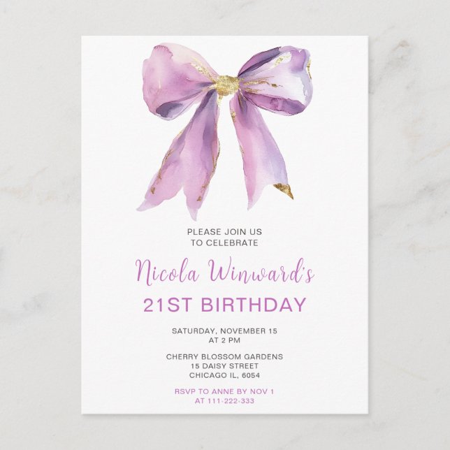 Carte Postale Purple Coquette Bow fête d'anniversaire (Devant)
