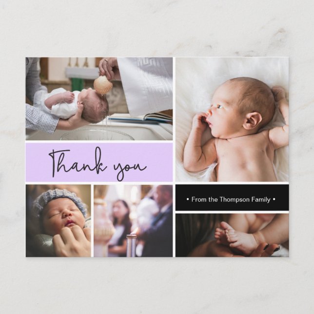 Carte Postale Purple Custom Baby Baptême Merci Photo collage (Devant)