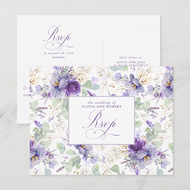 Carte Postale Purple Elegant Botanical Wedding RSVP Postcard (Devant / Derrière)