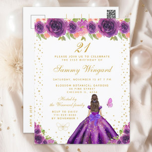 Carte Postale Purple Floral Brunette Princess Anniversaire