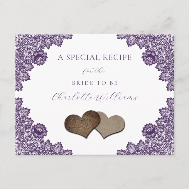 Carte Postale Purple Floral Lace Bridal Shower Recipe Card (Devant)